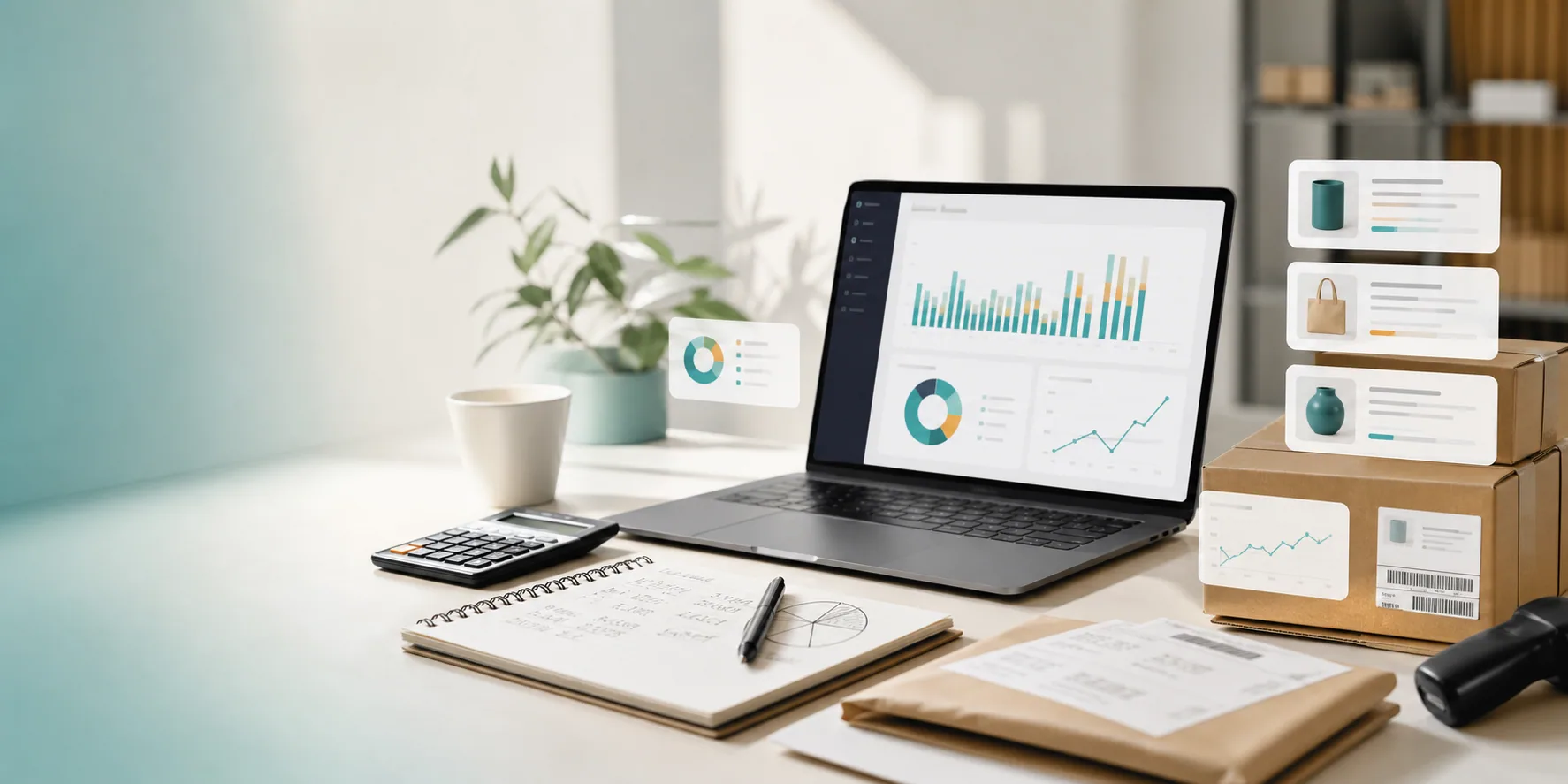 Seller desk with charts, parcels and pricing notes