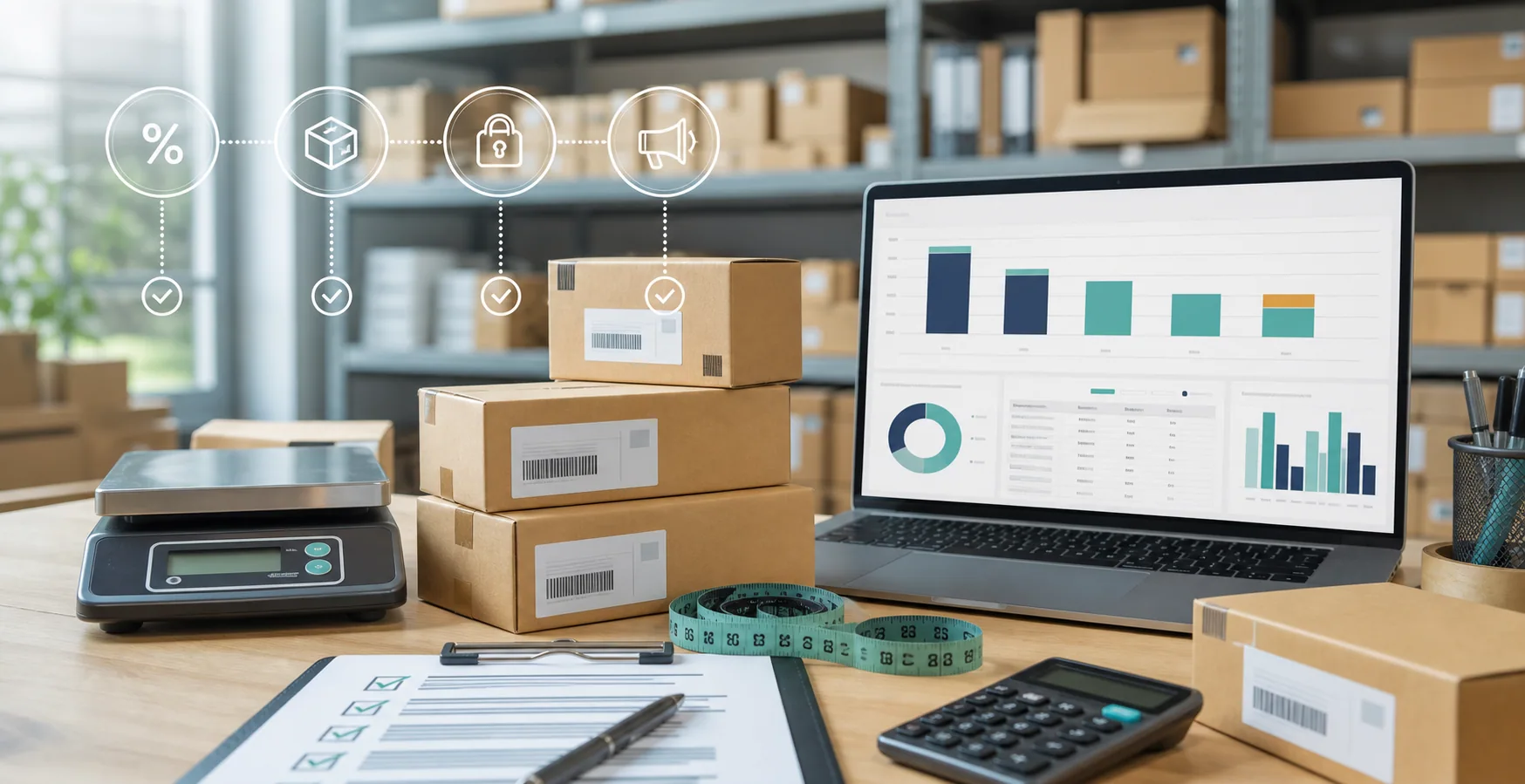 Parcels beside a laptop with profit dashboards