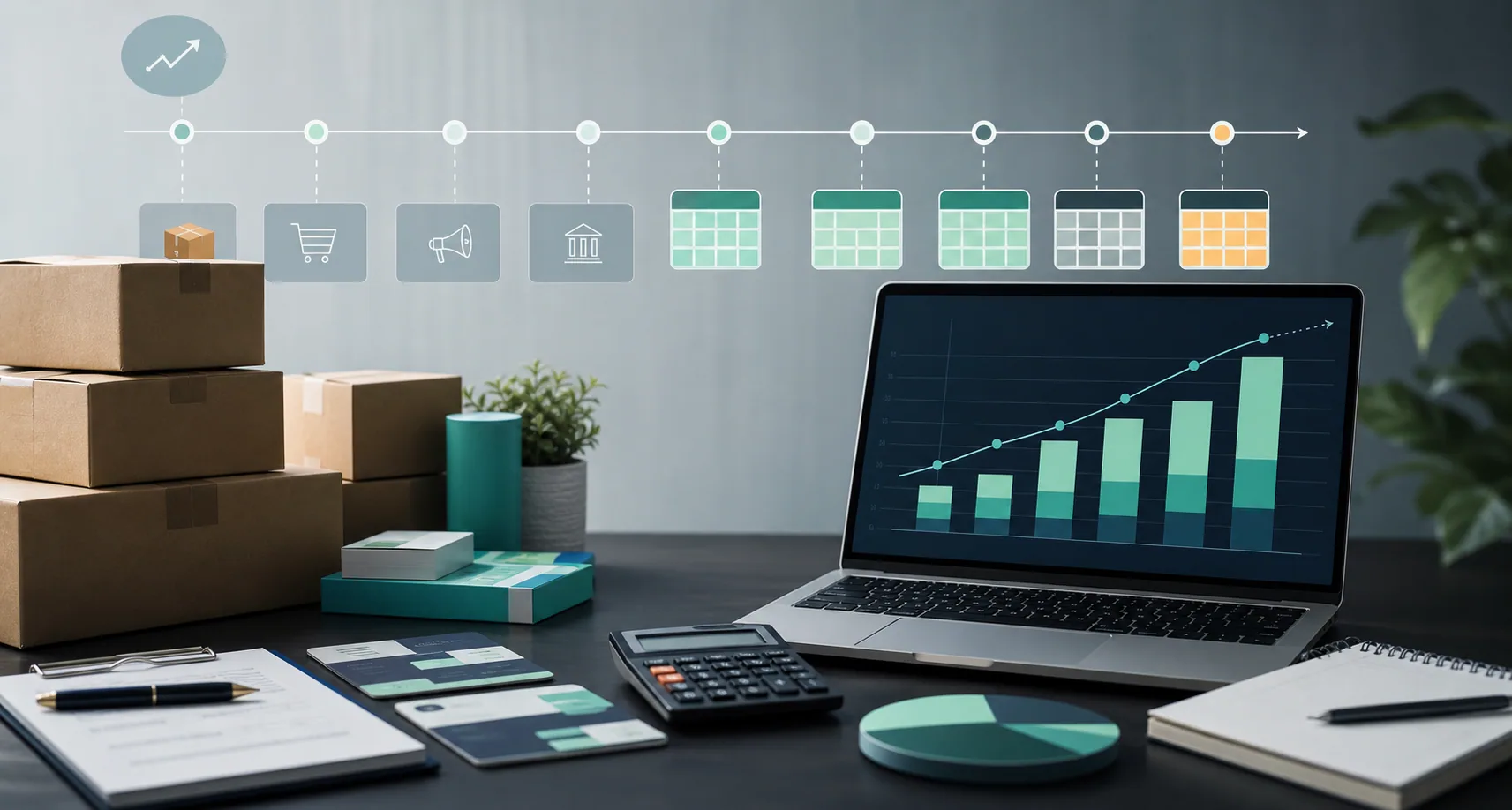 Notebook with cash flow and profit charts beside parcels