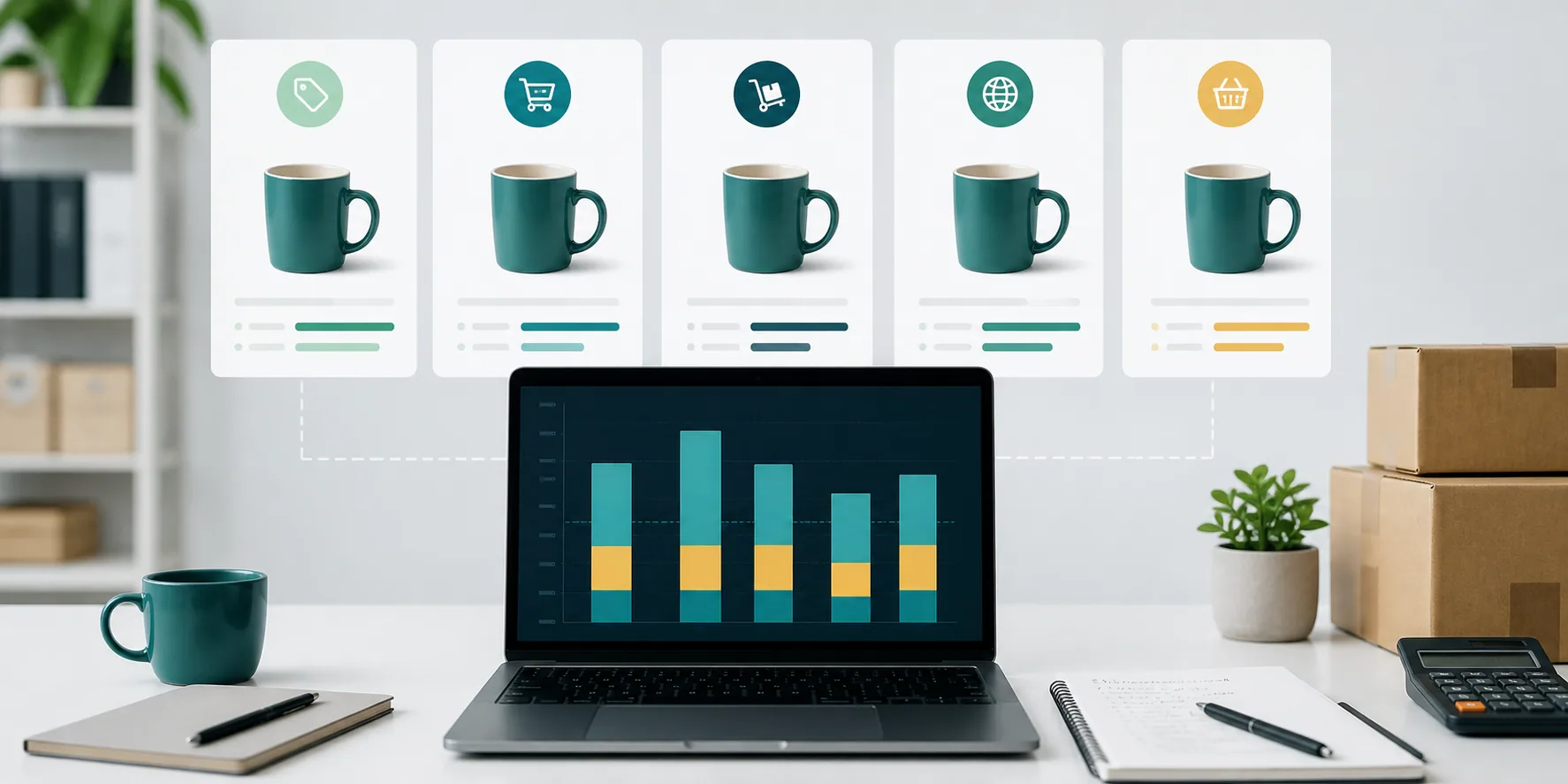 Seller desk with profit charts, parcels and listing cards