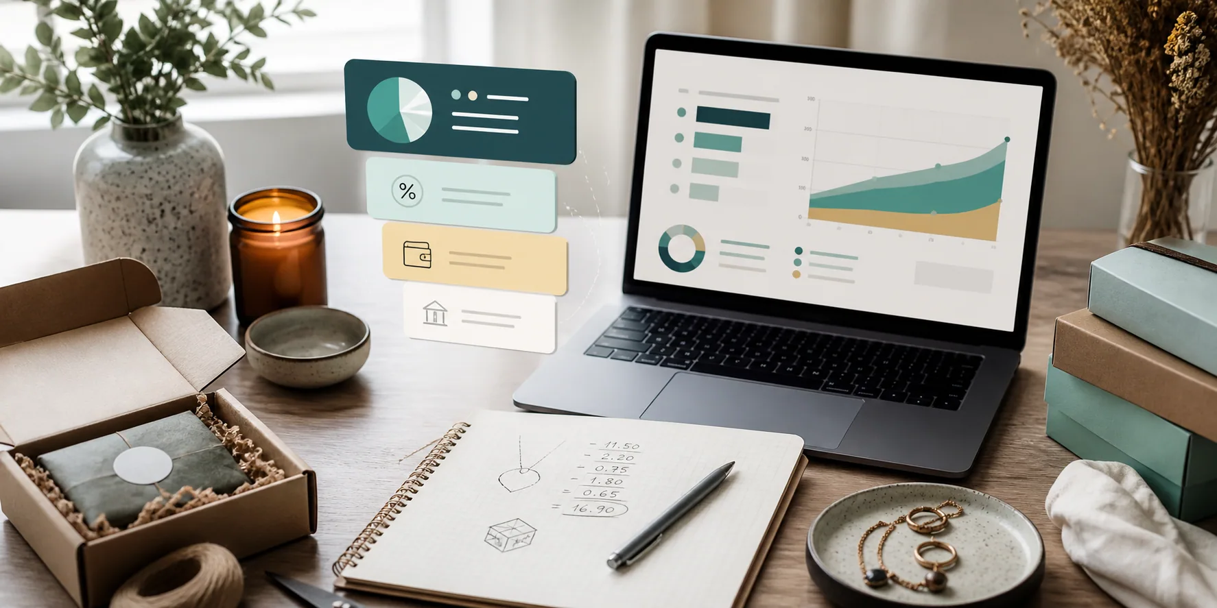 Notebook and laptop showing seller fee calculations