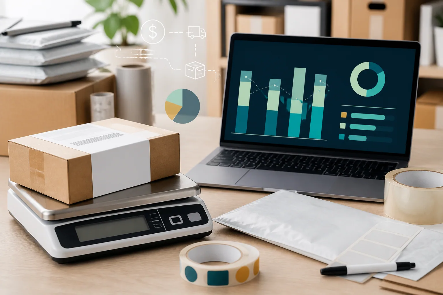 Shipping labels and parcels beside margin calculations