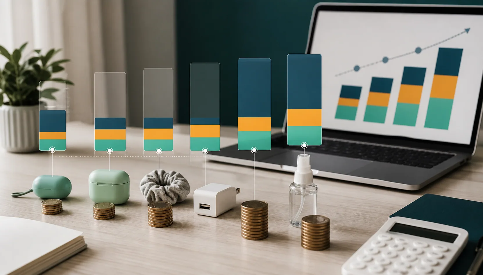 Small product listing cards with fee and margin charts