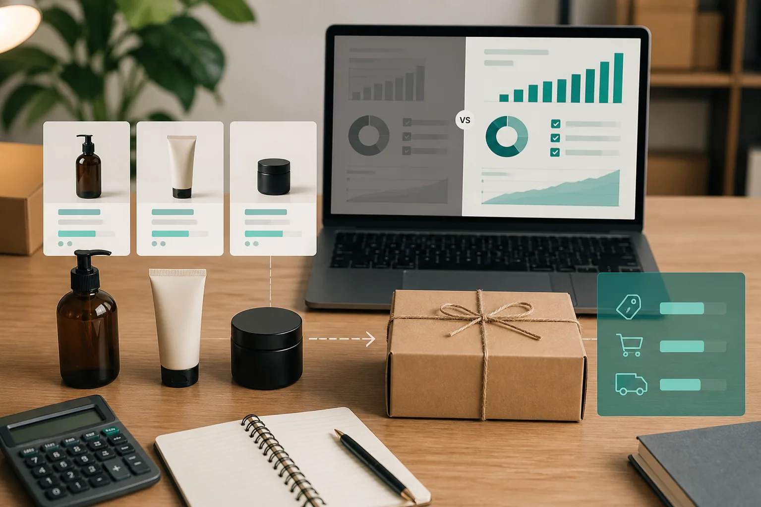 Bundled parcels and product listing cards with profit charts