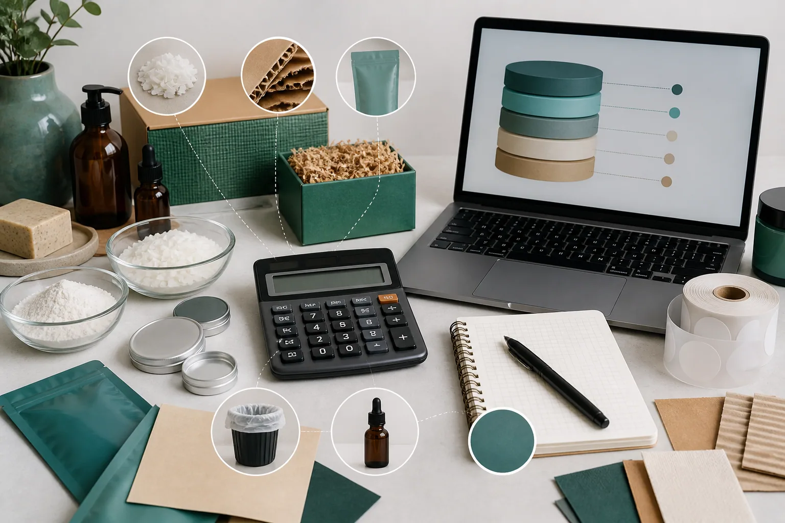 Product cost notes, calculator and dashboard on a seller desk
