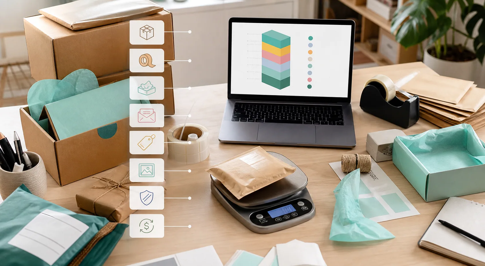 Shipping supplies and parcel labels beside pricing calculations