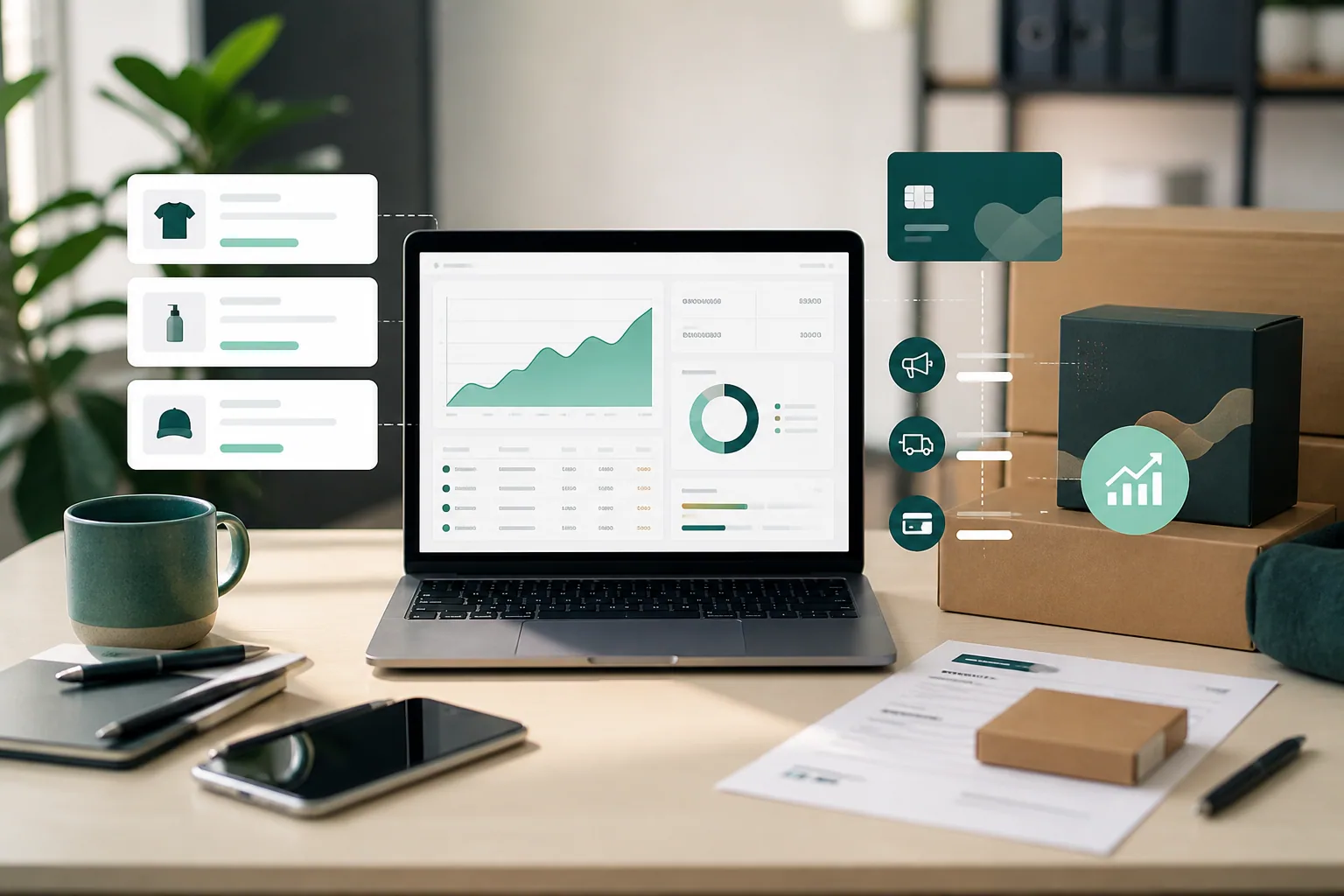 Laptop checkout dashboard with parcels and pricing notes