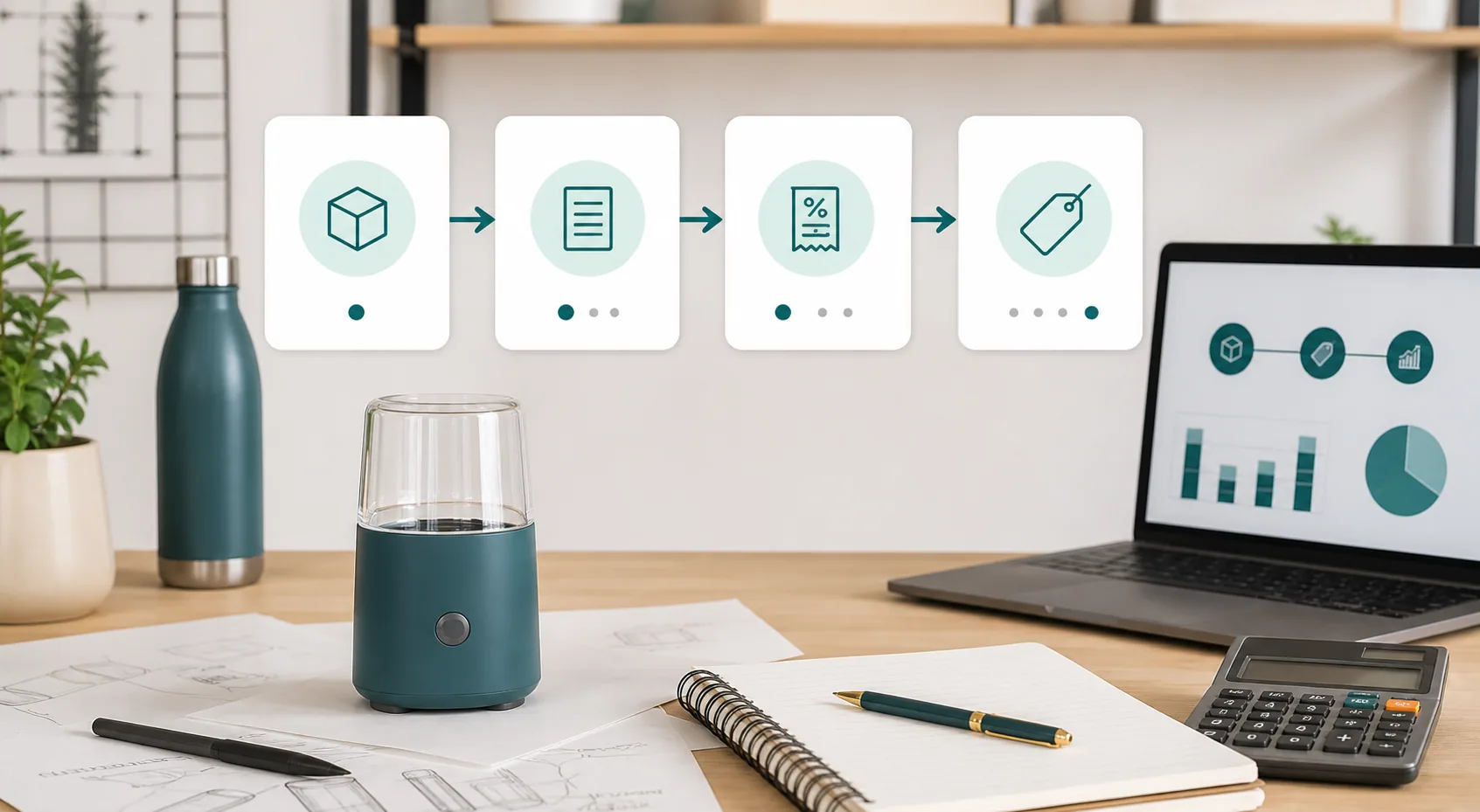 New seller planning a first product price with calculator and notes